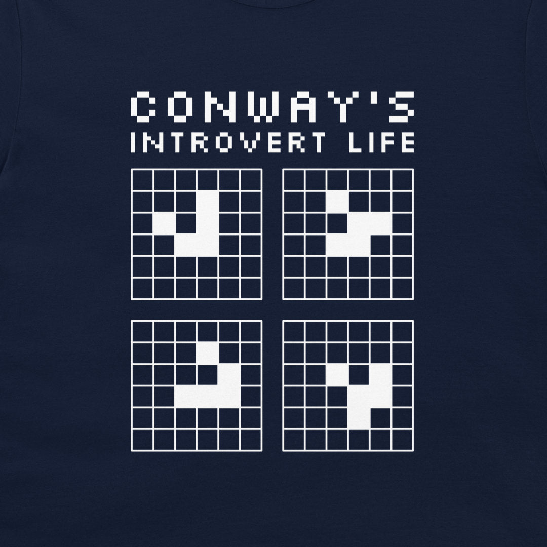 A close-up of a navy blue garment, likely a t-shirt, featuring a white pixel-art graphic that reads 'CONWAY'S INTROVERT LIFE' above four grid squares with white pixel patterns.