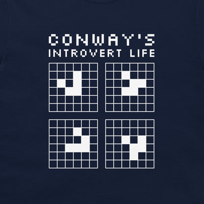 A close-up of a navy blue garment, likely a t-shirt, featuring a white pixel-art graphic that reads 'CONWAY'S INTROVERT LIFE' above four grid squares with white pixel patterns.