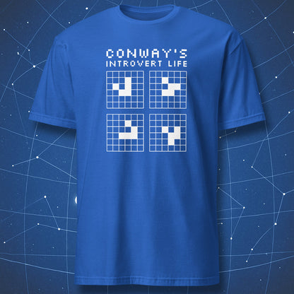 White pixel-grid glider from Conway’s Game of Life with bold title “Conway’s Introvert Life,” on royal blue shirt.