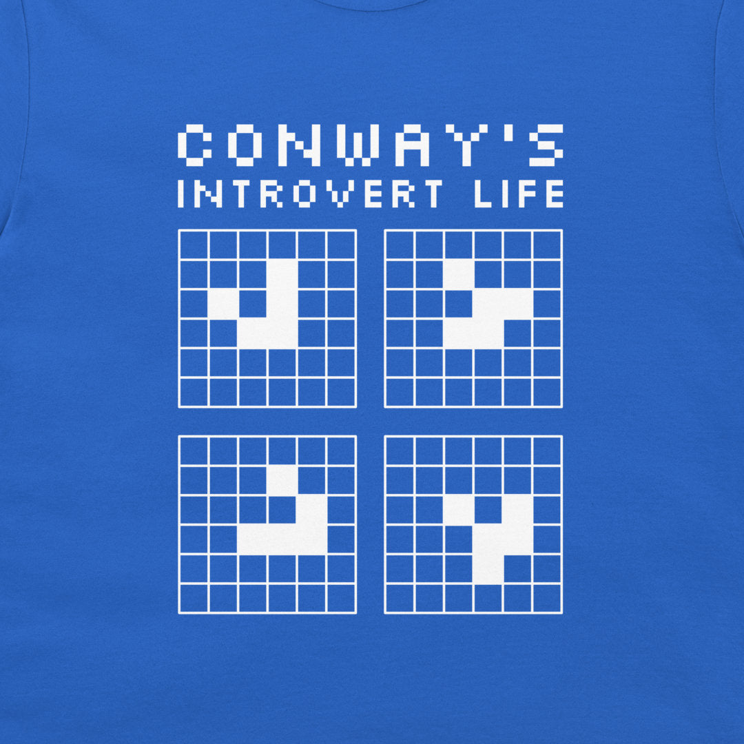 A close-up of a blue graphic print on a shirt or fabric, featuring the text 'CONWAY'S INTROVERT LIFE' above four white pixel-art style grid squares.