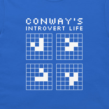 A close-up of a blue graphic print on a shirt or fabric, featuring the text 'CONWAY'S INTROVERT LIFE' above four white pixel-art style grid squares.