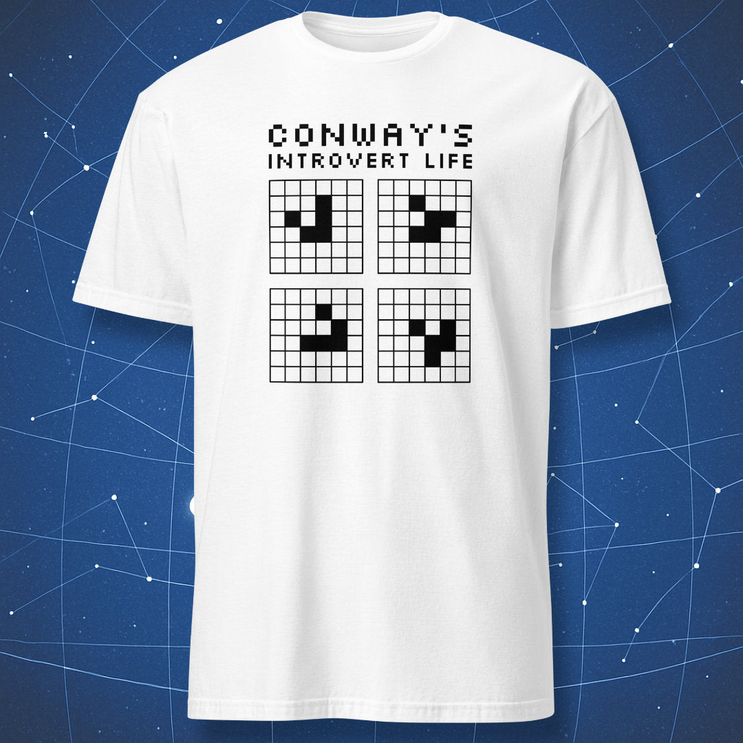 Black pixel grid design showing a moving glider pattern from Conway’s Game of Life, under the text “Conway’s Introvert Life.” Minimal, retro-computer style printed on a white shirt.