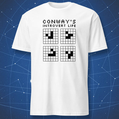 Black pixel grid design showing a moving glider pattern from Conway’s Game of Life, under the text “Conway’s Introvert Life.” Minimal, retro-computer style printed on a white shirt.