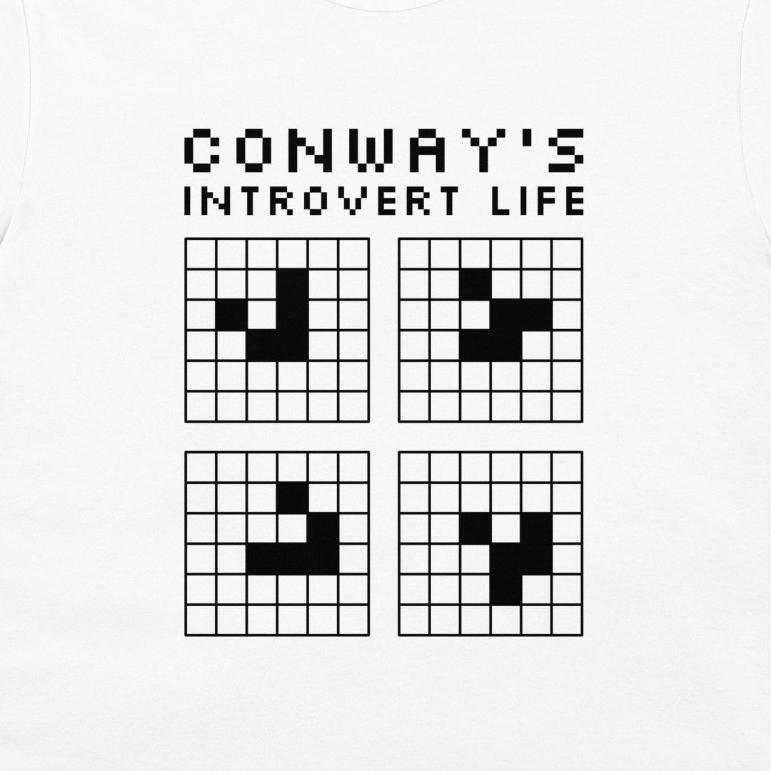 A white graphic t-shirt featuring the text 'CONWAY'S INTROVERT LIFE' in a pixelated font above four black grid squares containing different pixel patterns, shown on a plain white background.