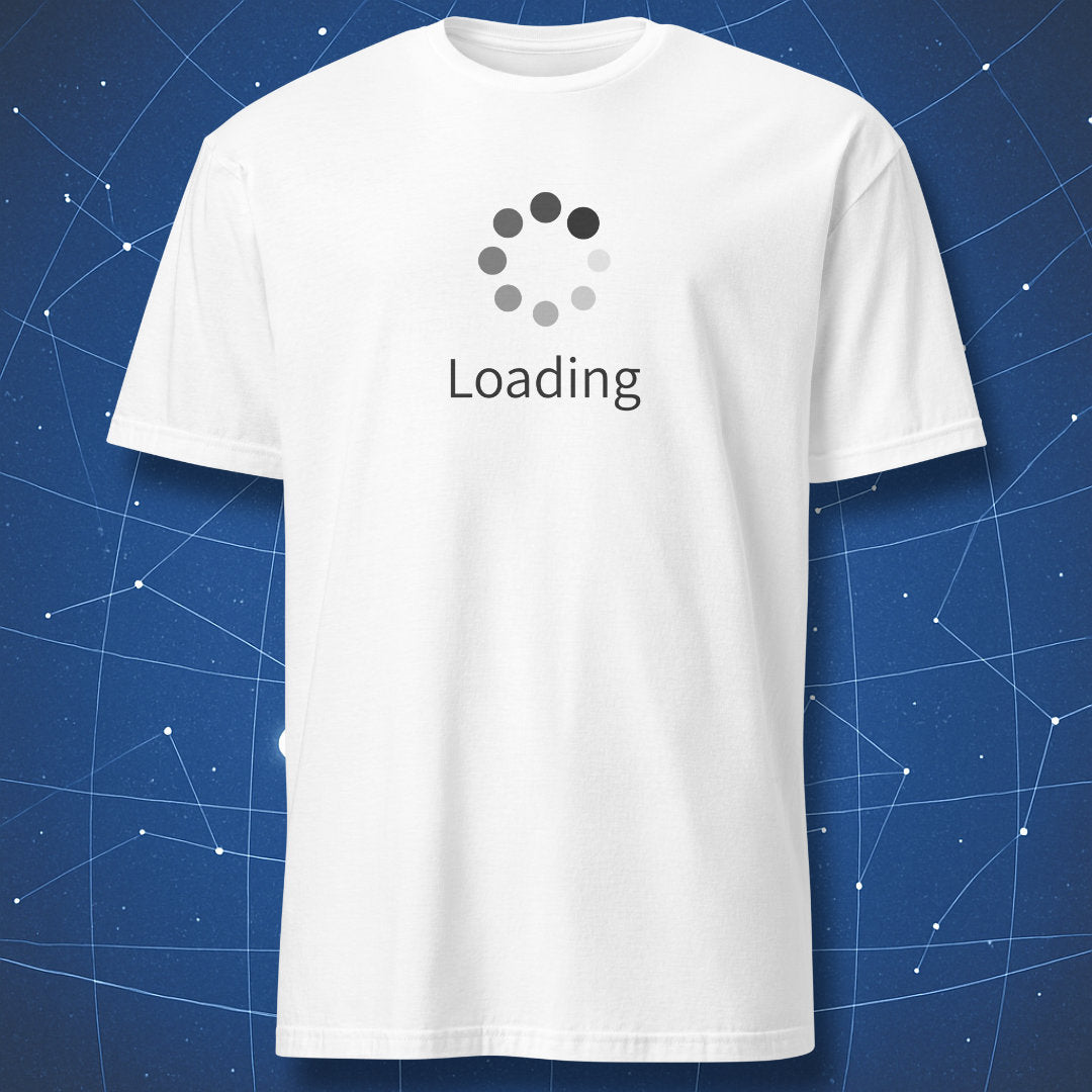 Black minimalist ‘Loading...’ progress circle design printed on white shirt.