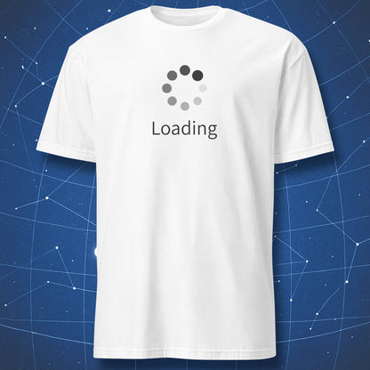 Black minimalist ‘Loading...’ progress circle design printed on white shirt.