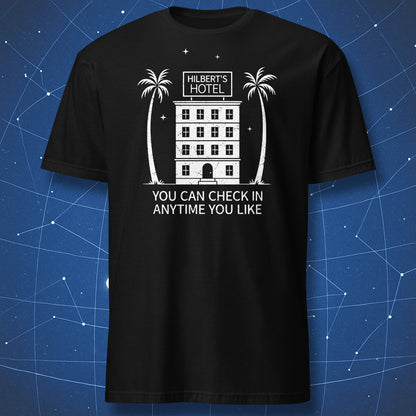 Black t-shirt with white graphic and text on a blue geometric background