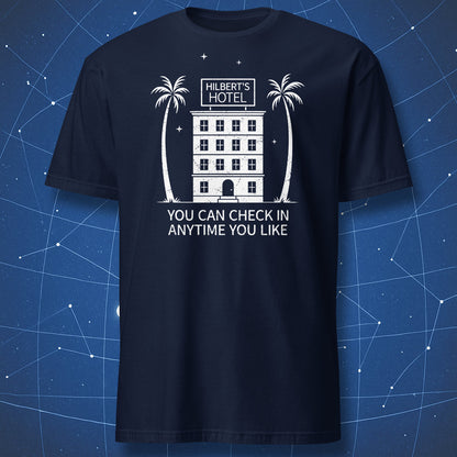 Navy blue t-shirt with white graphic design of a hotel and palm trees on a blue geometric background.