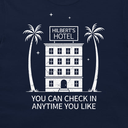 A navy blue graphic print featuring a white distressed illustration of 'Hilbert's Hotel' with two palm trees and the text 'YOU CAN CHECK IN ANYTIME YOU LIKE'.