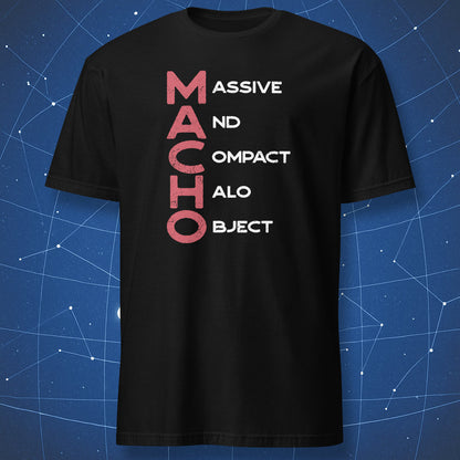 Black graphic t-shirt featuring a distressed typographic design that reads 'MACHO MASSIVE AND OMPACT ALO OBJECT' in pink and white lettering.