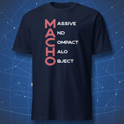 A navy blue shirt featuring a graphic print with the word 'MACHO' stacked vertically in distressed pink letters next to the words 'MASSIVE', 'ND', 'OMPACT', 'ALO', and 'BJECT' in white.