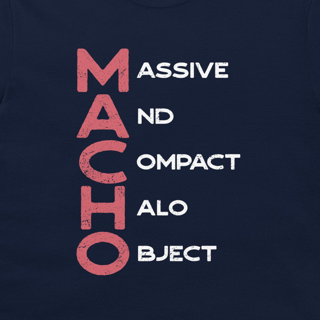 A close-up of a navy blue shirt featuring a graphic print with the word 'MACHO' stacked vertically in distressed pink letters next to the words 'MASSIVE', 'ND', 'OMPACT', 'ALO', and 'BJECT' in white.