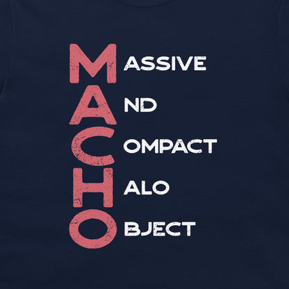 A close-up of a navy blue shirt featuring a graphic print with the word 'MACHO' stacked vertically in distressed pink letters next to the words 'MASSIVE', 'ND', 'OMPACT', 'ALO', and 'BJECT' in white.