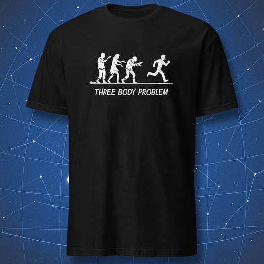 Three Body Problem T-shirt – white chalk-style silhouettes of three zombies chasing a human with humorous text on black fabric
