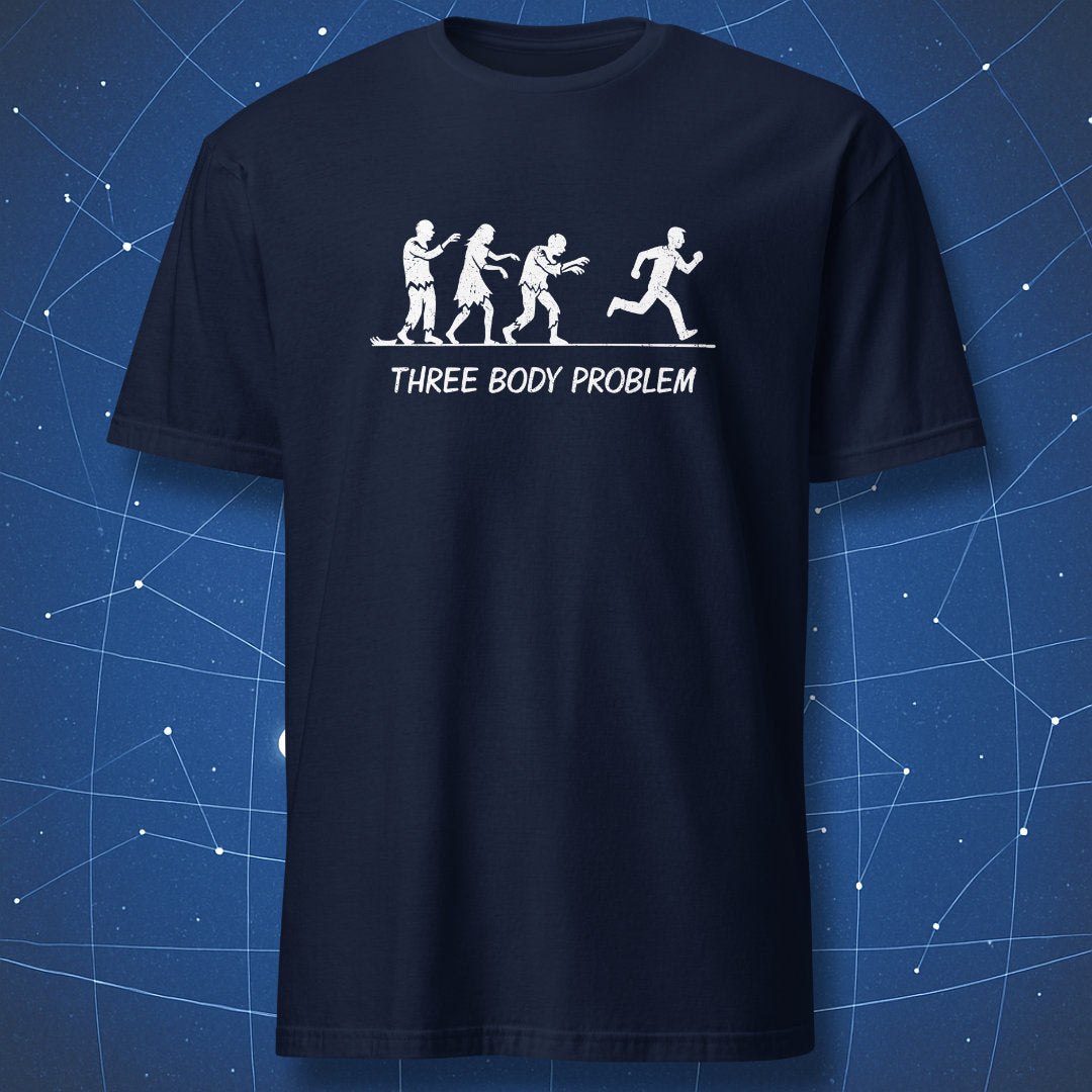 Three Body Problem zombie T-shirt – physics and humor mashup design with white chalk silhouettes on navy background.