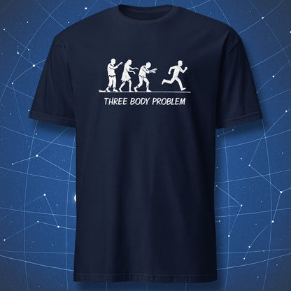 Three Body Problem zombie T-shirt – physics and humor mashup design with white chalk silhouettes on navy background.