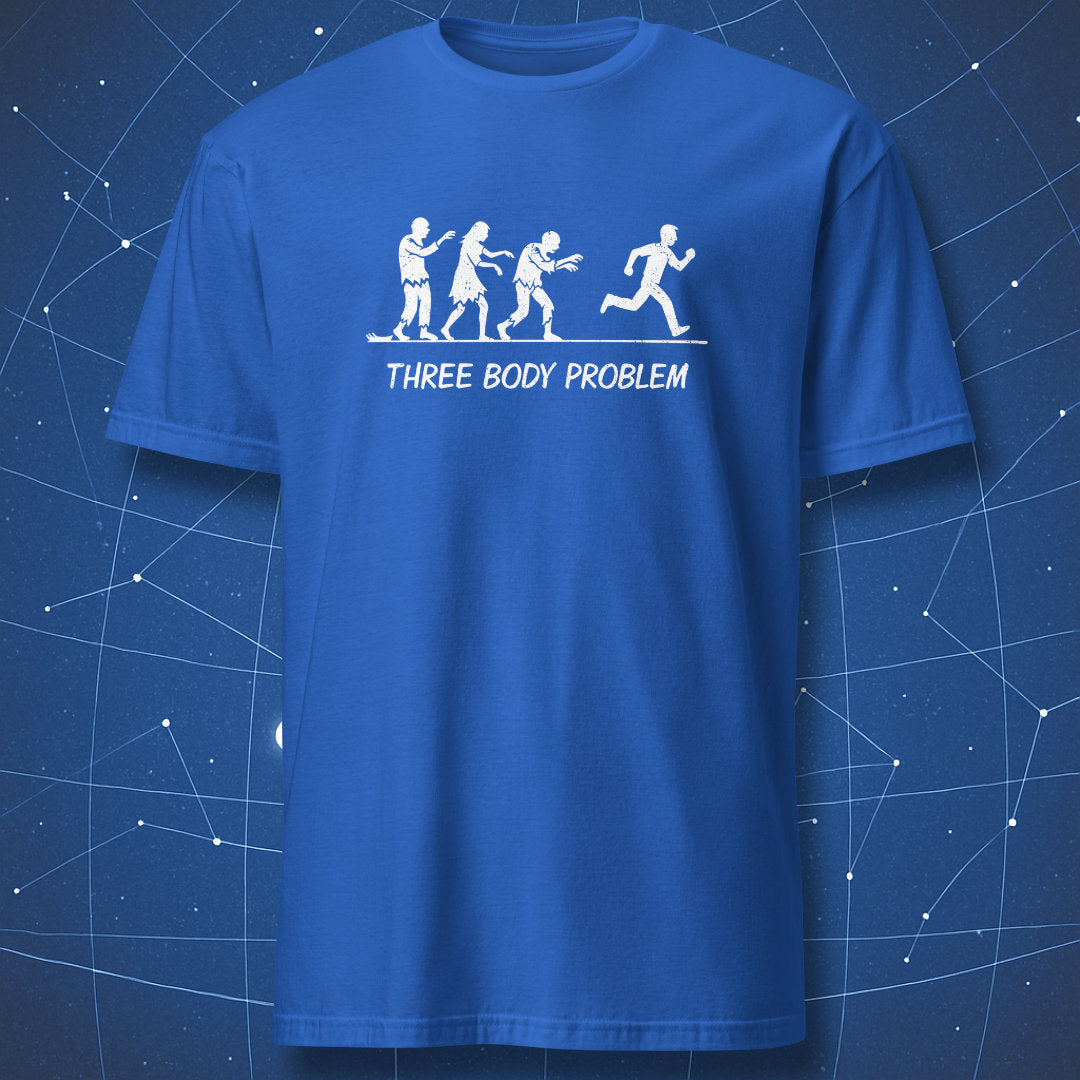 Funny science T-shirt – Three Body Problem with zombies chasing a runner in minimalist white print on royal blue shirt.