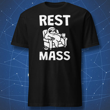 Rest Mass T-shirt – white chalk drawing of a sloth lounging on a chair with the text ‘Rest Mass’ on black background.