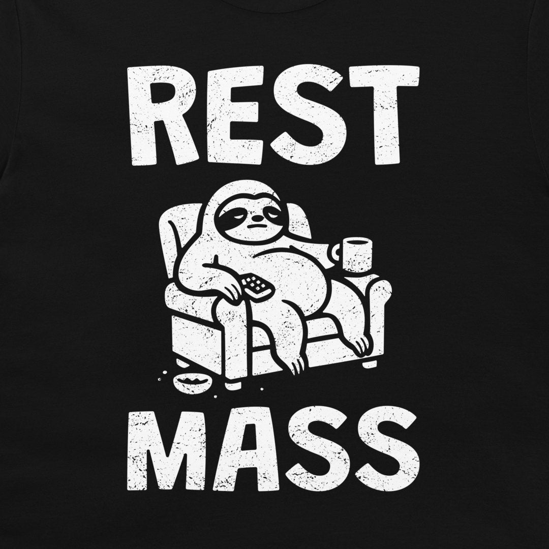 A black graphic t-shirt featuring a distressed white print of a sloth lounging in an armchair with the text 'REST MASS' in a bold, weathered font.