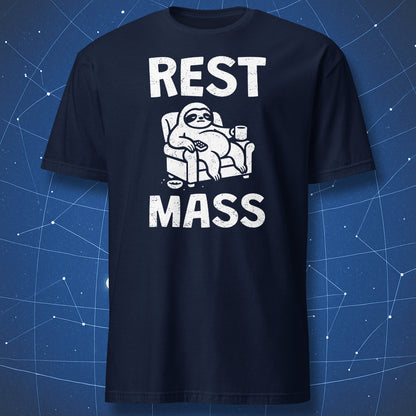 Rest Mass T-shirt – lazy sloth on a couch holding a mug, humorous physics pun in white print on navy shirt.