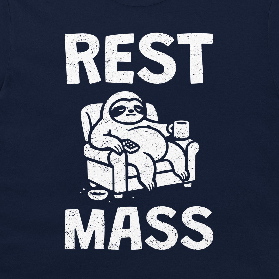 A close-up of a navy blue t-shirt featuring a white distressed graphic of a sloth lounging in an armchair with the text 'REST MASS' printed above and below.
