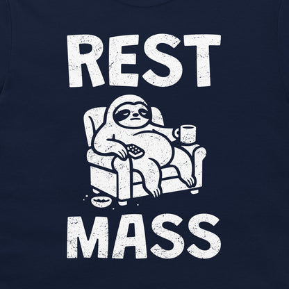 A close-up of a navy blue t-shirt featuring a white distressed graphic of a sloth lounging in an armchair with the text 'REST MASS' printed above and below.