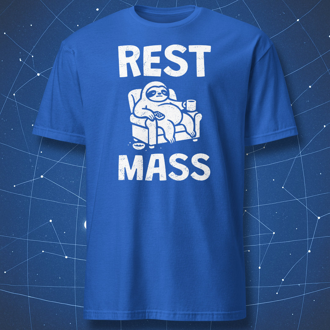 Funny science T-shirt – sloth illustration with bold ‘Rest Mass’ text, physics humor on royal blue shirt.