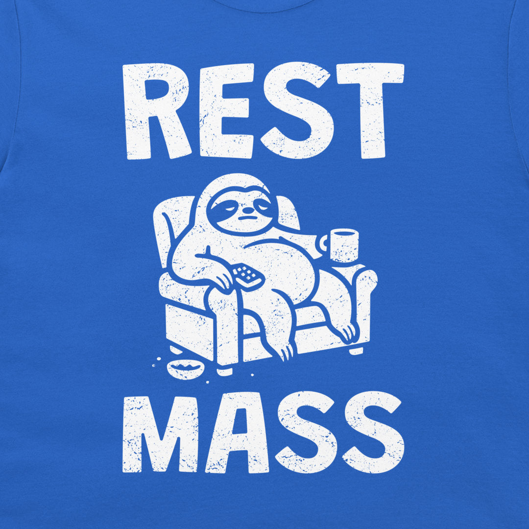A close-up of a blue garment featuring a white distressed graphic of a sloth lounging in an armchair with the text 'REST MASS' in large white letters.