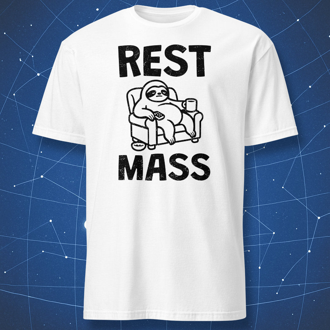 Rest Mass T-shirt – black line art of a relaxed sloth on a couch with text ‘Rest Mass’, minimalist physics pun design.