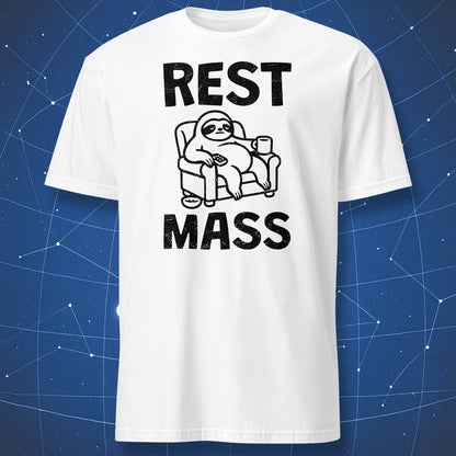Rest Mass T-shirt – black line art of a relaxed sloth on a couch with text ‘Rest Mass’, minimalist physics pun design.