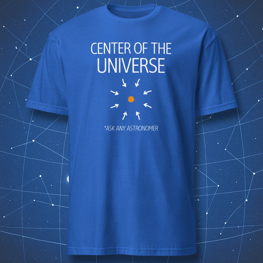 Center of the Universe science T-shirt – minimalist space humor with orange planet and white arrows.