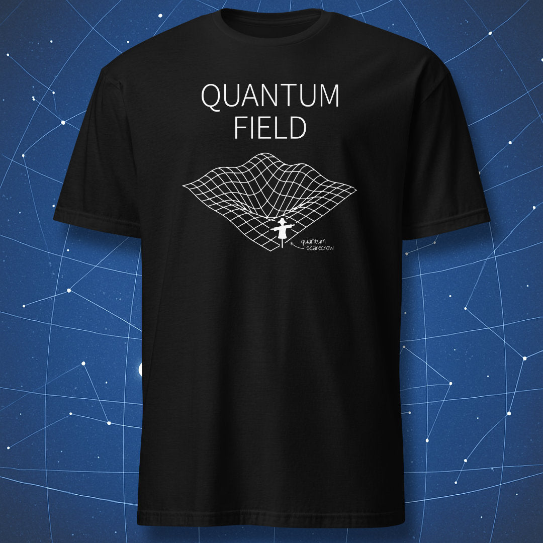 Quantum Scarecrow T-shirt – white grid field with a small labeled scarecrow and text ‘Quantum Field’ on black background.