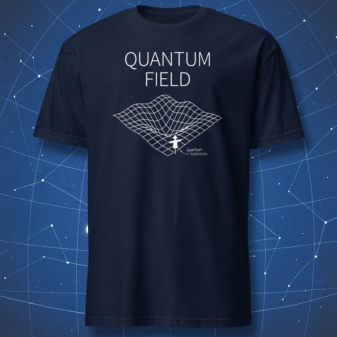 Quantum Scarecrow physics T-shirt – minimalist white line grid and scarecrow figure, funny science design on navy shirt.