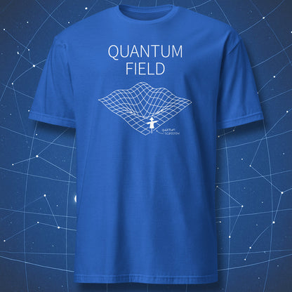 Quantum Scarecrow science pun T-shirt – isometric white field with scarecrow illustration, physics humor on royal blue fabric.