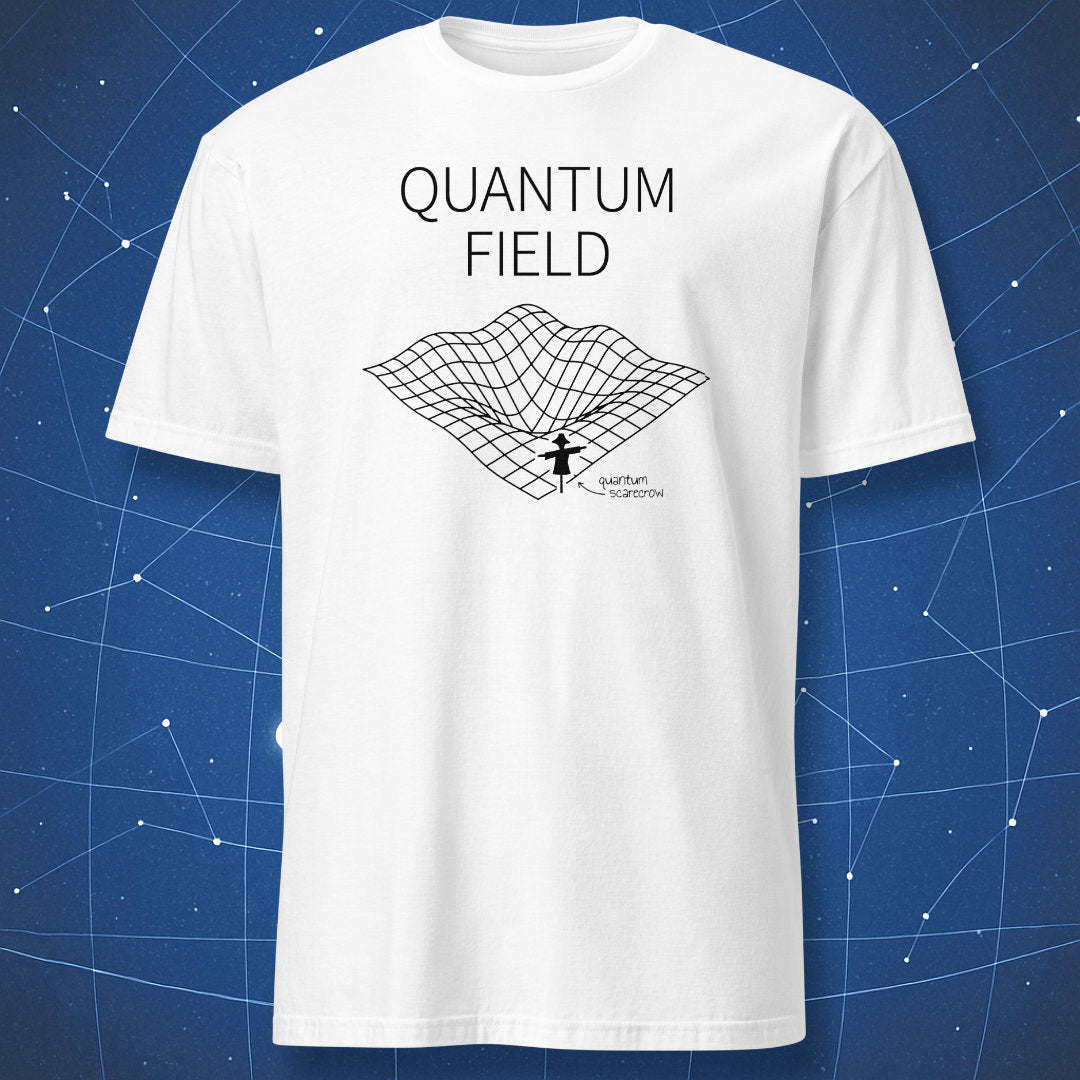 “Quantum Scarecrow T-shirt – black grid field with tiny scarecrow labeled ‘quantum scarecrow,’ minimalist physics joke on white shirt.