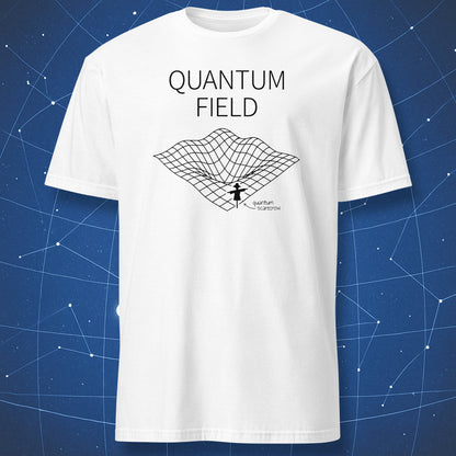 “Quantum Scarecrow T-shirt – black grid field with tiny scarecrow labeled ‘quantum scarecrow,’ minimalist physics joke on white shirt.
