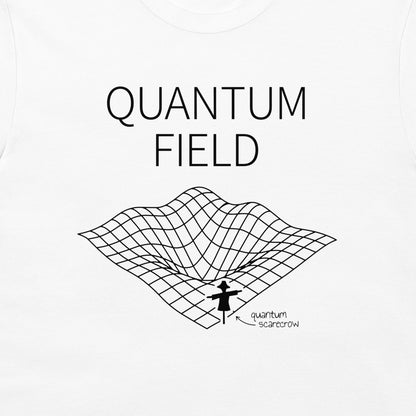 White long-sleeve t-shirt featuring a black graphic print of a 3D grid-wavy quantum field with the text 'QUANTUM FIELD' and a small 'quantum scarrow' figure.
