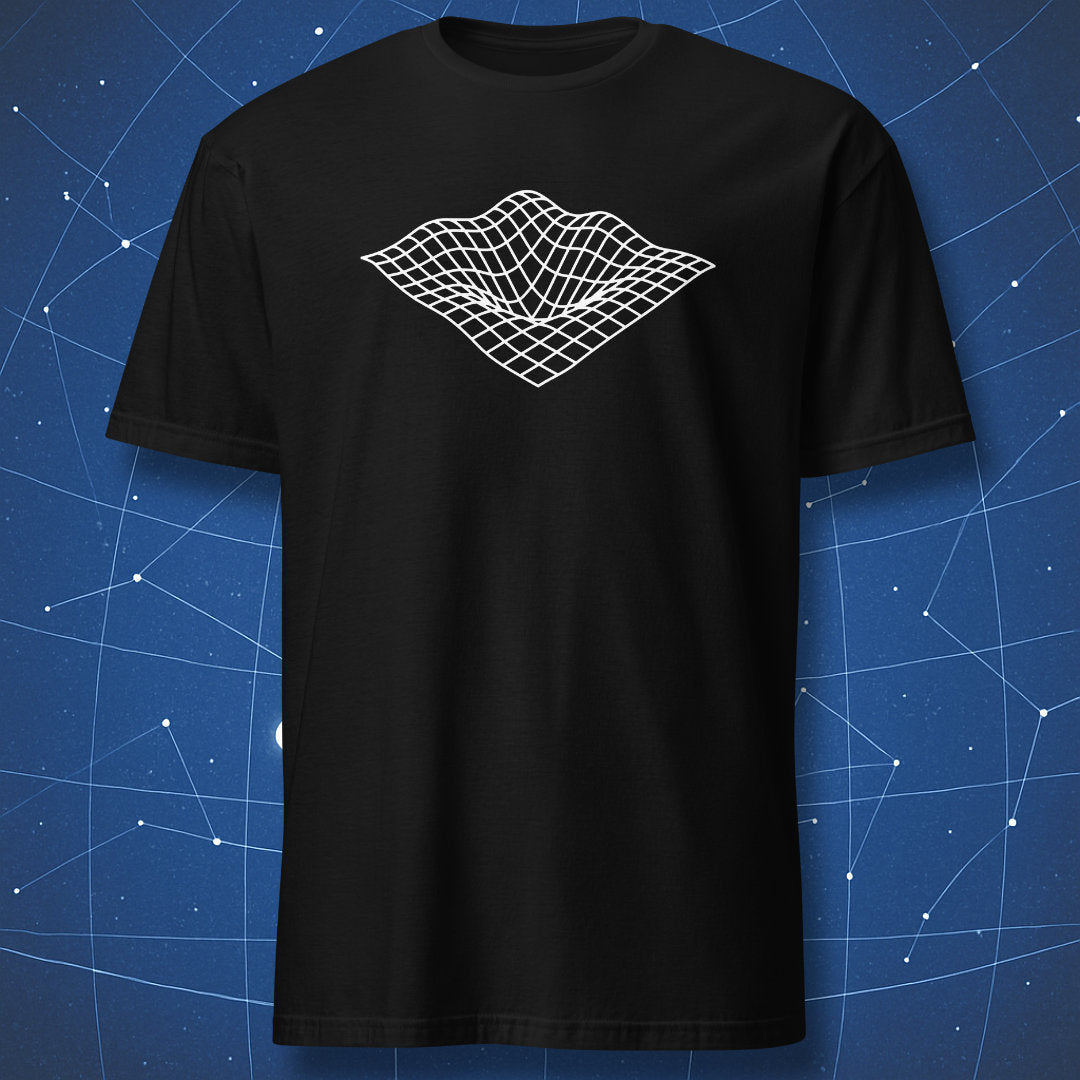 Minimalist Quantum Field T-shirt – white grid surface forming a smooth wave shape, modern physics design on black background.
