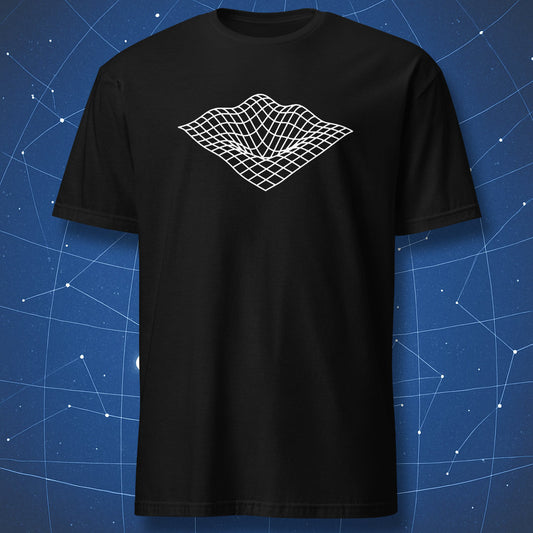 Minimalist Quantum Field T-shirt – white grid surface forming a smooth wave shape, modern physics design on black background.