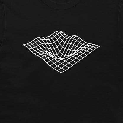 A close-up of a black t-shirt, featuring a white 3D wireframe grid graphic on the chest that depicts a warped surface.