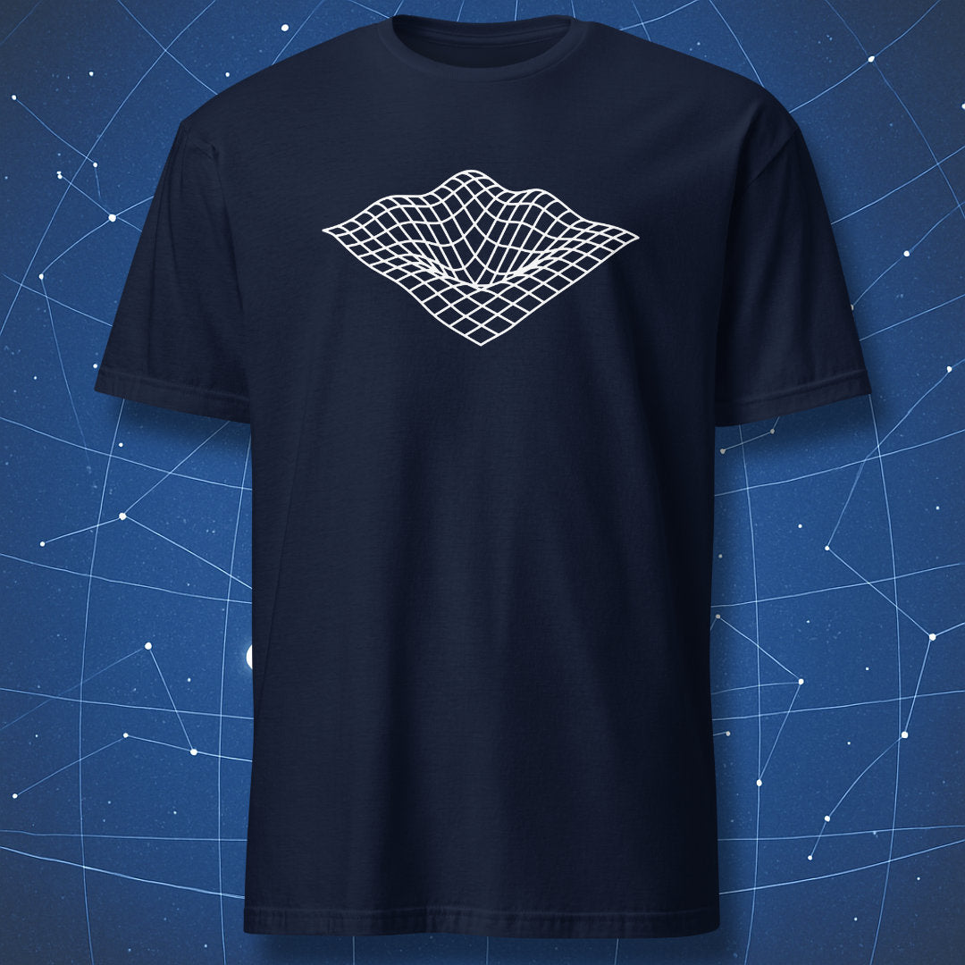 Minimalist Quantum Field science T-shirt – clean white grid wave pattern, elegant physics art on navy shirt.