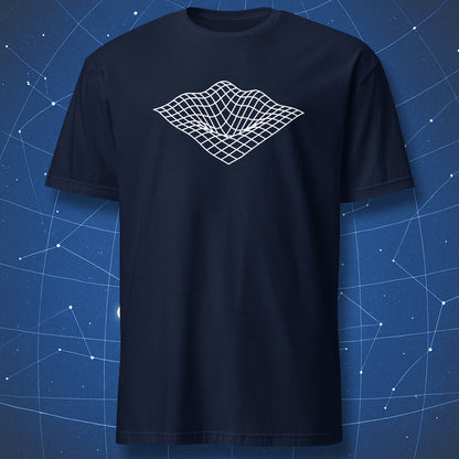 Minimalist Quantum Field science T-shirt – clean white grid wave pattern, elegant physics art on navy shirt.