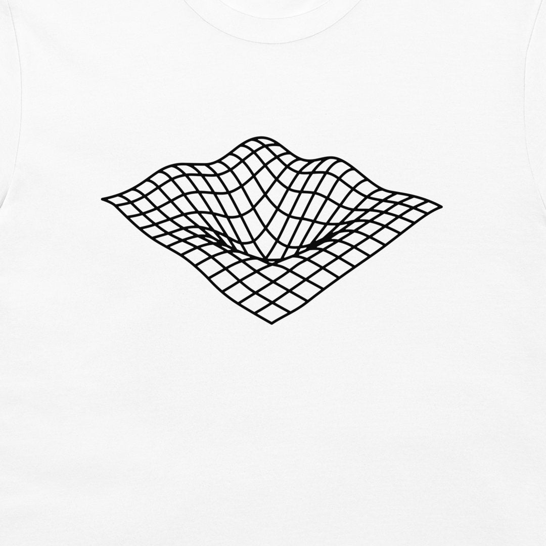 A close-up of a white t-shirt, featuring a black line-art graphic of a 3D grid surface that curves downward in the center, resembling a gravitational well.