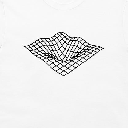A close-up of a white t-shirt, featuring a black line-art graphic of a 3D grid surface that curves downward in the center, resembling a gravitational well.