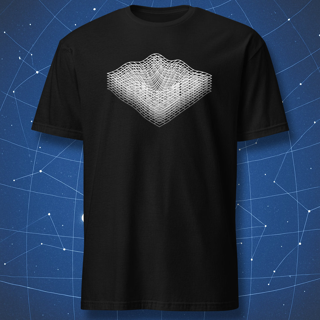 Quantum Field T-shirt – minimalist white geometric wave grid representing quantum field, modern physics art on black shirt.