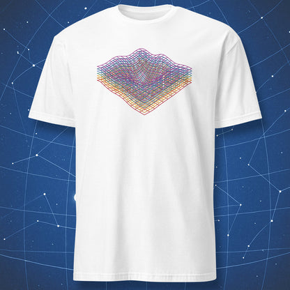 Quantum Field T-shirt – minimalist black geometric grid symbolizing a wave field, clean science design on white background.