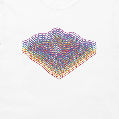 A white t-shirt featuring a colorful graphic print of a multi-layered 3D grid surface with wavy peaks in shades of purple, blue, green, yellow, and orange.