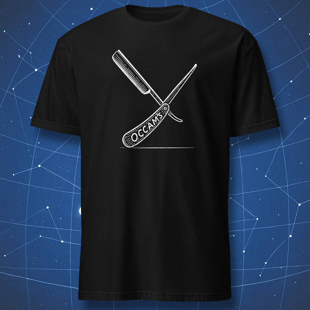 Occam’s Razor T-shirt – minimalist white line drawing of straight razor labeled ‘Occam’s,’ philosophical science design on black shirt.