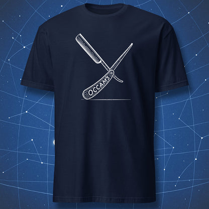Occam’s Razor T-shirt – elegant white razor illustration with text ‘Occam’s,’ minimalist science design on navy shirt.