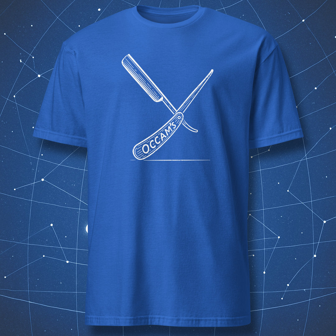 Occam’s Razor T-shirt – clean white line razor graphic labeled ‘Occam’s,’ witty science-philosophy design on royal blue fabric.